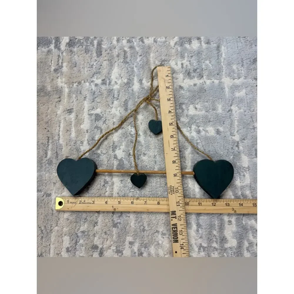 Vintage Wooden Hanging Green Hearts Dowel Rod Wall Decor Cottagecore